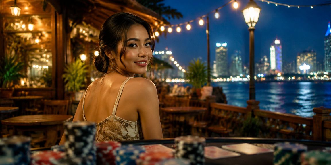 Pemain santai bermain kartu di kafe sambil menikmati kopi menggunakan ponsel