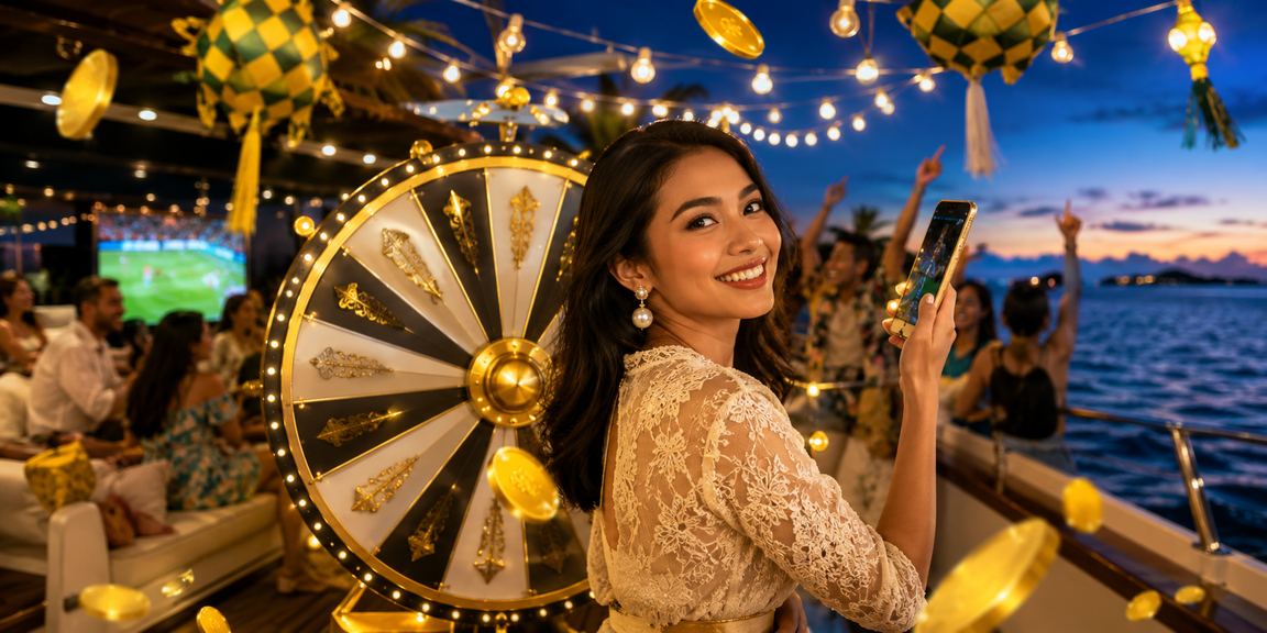 Suasana lucky draw berhadiah besar di tepi pantai tropis yang meriah